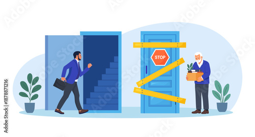 Age discrimination and social inequality. Unequal career opportunities between young and older person. Pensioner knocking to locked and closed door. Ageism and job termination older employee over 65