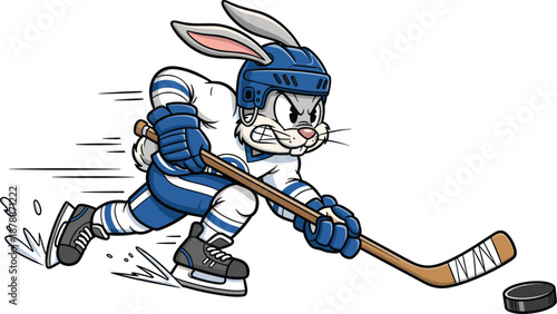 Cartoon rabbit in hockey gear skating with stick and puck ice hockey bunny