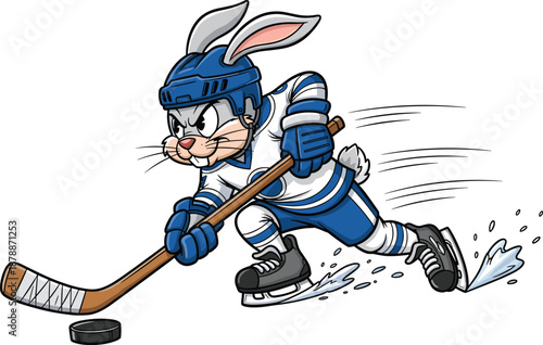 Cartoon rabbit in hockey gear skating with stick and puck ice hockey bunny 1