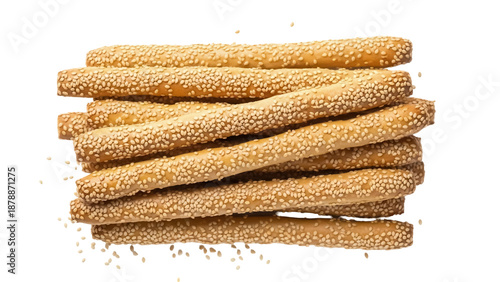Foto Pile of golden brown breadsticks with sesame seeds isolated PNG, crunchy snack f