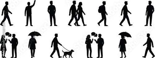 Black Vector Silhouettes of People Walking Standing Talking and Carrying Umbrellas Isolated on White Background for Urban Lifestyle City Crowd and Architectural Visualization Projects