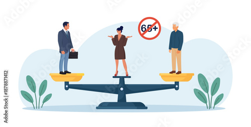 Age discrimination. Applicants are on scales in balance. Young and old job seekers are on equal footing. Replacement of employees due to retirement, dismissal. Stop ageism. Equality non-discrimination