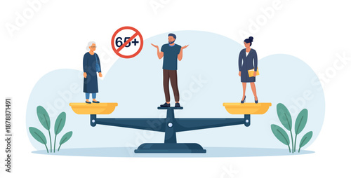Age discrimination. Applicants are on scales in balance. Young and old job seekers are on equal footing. Replacement of employees due to retirement, dismissal. Stop ageism. Equality non-discrimination