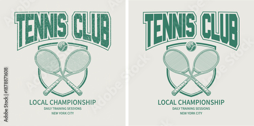Vintage Tennis Club Local Championship Illustration - Retro New York City Athletic Graphic with Crossed Rackets, Tennis Ball, and Daily Training Sessions Typography - Classic Varsity Sports Art