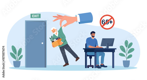 Age discrimination at workplace. Replacement of employees due to retirement, dismissal. Workforce turnover. Boss hand throwing older person over 65 out of office. Pensioners job termination, ageism