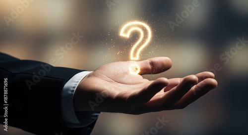A hand in formal attire holds a glowing question mark symbol above the palm. Perfect for topics about inquiry, problem solving, business choices, support services, or seeking answers.