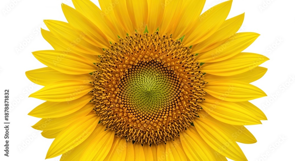 Obraz premium Bright yellow sunflower with detailed center showing seeds and petals on white background. Perfect for nature themes, summer designs, garden projects, and cheerful decorative purposes.