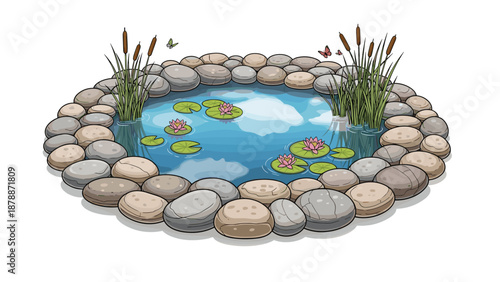 An illustration of a charming garden pond surrounded by smooth river stones and cattails, with water lilies and butterflies on the water's surface.
