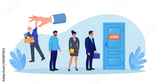 Age discrimination at workplace. Replacement of employees due to retirement, dismissal. Workforce turnover. Boss hand throwing older person over 65 out of office. Pensioners job termination, ageism