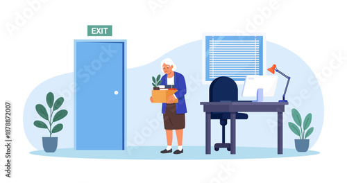 Age discrimination at workplace. Senior person being fired over their age. Younger boss dismissing older employee over 65. Ageism and job termination among pensioners. Retirement