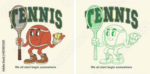Vintage Tennis Club Mascot Illustration - Retro 90s Style Cartoon Character with Racket and Ball - We All Start Begin Somewhere Sports Slogan Varsity T-Shirt Design Art