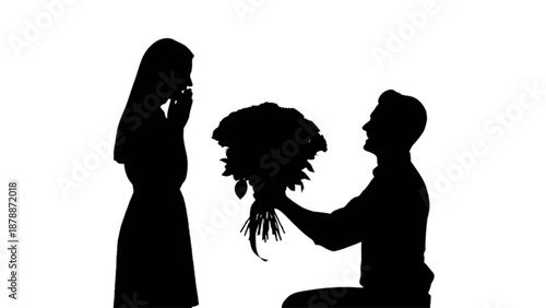 Romantic silhouette of a man proposing with a bouquet of flowers to a surprised woman