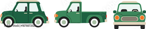 Green pickup truck in three views vehicle cartoon