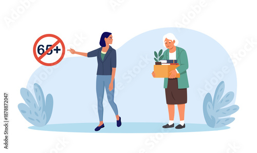 Age discrimination at workplace. Senior person being fired over their age. Younger boss dismissing older employee over 65. Ageism and job termination among pensioners. Retirement
