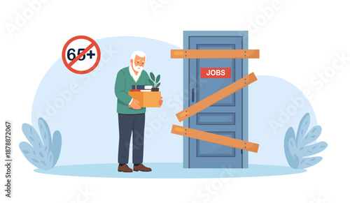 Age discrimination at workplace. Senior person being fired over their age. Younger boss dismissing older employee over 65. Ageism and job termination among pensioners. Retirement