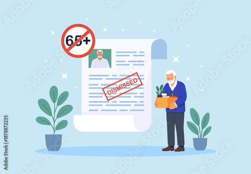 Age discrimination at workplace. Senior person being fired over their age. Younger boss dismissing older employee over 65. Ageism and job termination among pensioners. Retirement