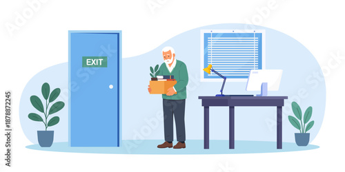 Age discrimination at workplace. Senior person being fired over their age. Younger boss dismissing older employee over 65. Ageism and job termination among pensioners. Retirement