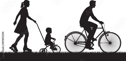 Black silhouettes of a family enjoying outdoor activities with a mother rollerblading pushing a child on a tricycle and a father riding a bicycle