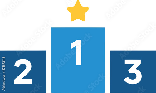 A blue podium with three numbered steps and a yellow star above the first place.