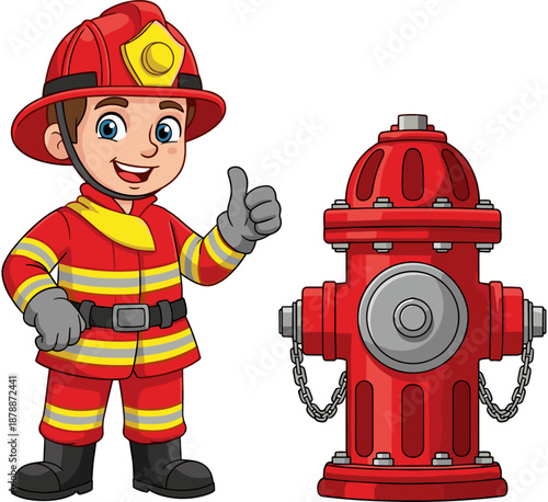 Cartoon firefighter boy in red uniform giving thumbs up next to a red fire hydrant isolated on a white background illustration.