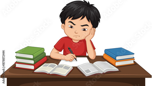 Focused young boy student sitting at desk studying with many books and writing on paper, education and learning concept illustration. (20 words)