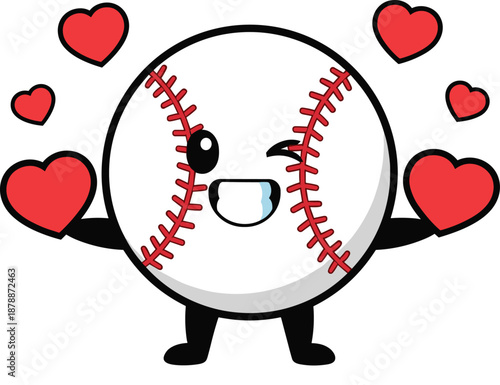 Cute kawaii baseball cartoon character winking and holding red hearts, lovely sports mascot vector illustration for Valentine's Day on white.