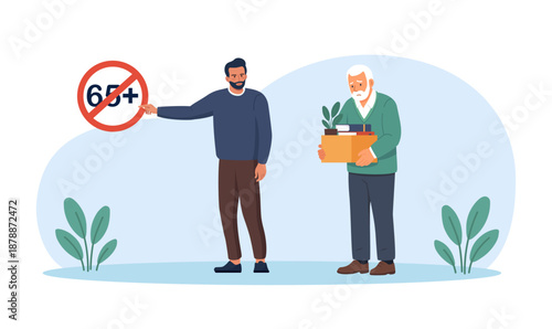 Age discrimination at workplace. Senior person being fired over their age. Younger boss dismissing older employee over 65. Ageism and job termination among pensioners. Retirement