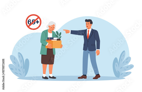 Age discrimination at workplace. Senior person being fired over their age. Younger boss dismissing older employee over 65. Ageism and job termination among pensioners. Retirement