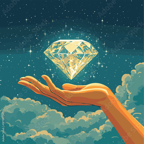 Hand reaching for diamond in the sky , vector style simple color