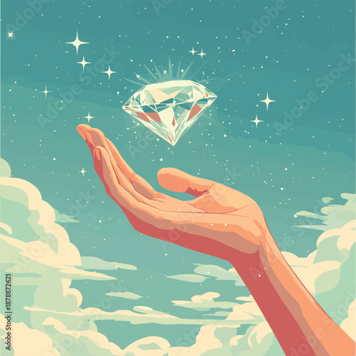 Hand reaching for diamond in the sky , vector style simple color