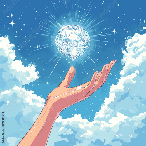 Hand reaching for diamond in the sky , vector style simple color