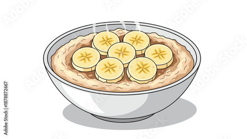 A bowl of warm oatmeal topped with perfectly sliced bananas, with steam rising, indicating a freshly prepared and comforting breakfast.