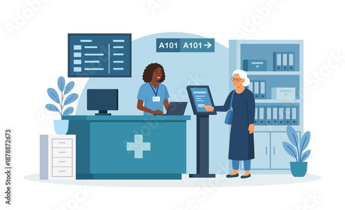 Patients using healthcare self-service kiosk at hospital lobby. Clinic visitor digital registration at reception terminal. People queue waiting in line at hall for doctor appointment