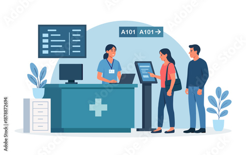 Patients using healthcare self-service kiosk at hospital lobby. Clinic visitor digital registration at reception terminal. People queue waiting in line at hall for doctor appointment