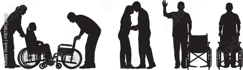 Black silhouettes of disabled people in wheelchairs with caregivers and medical assistants showing accessibility support inclusion and healthcare services for elderly and injured patients