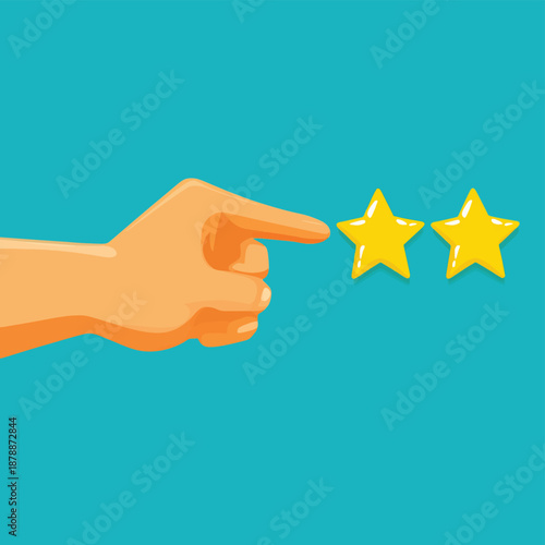 Hand pointing at 5 star satisfaction quality performance , vector style simple color