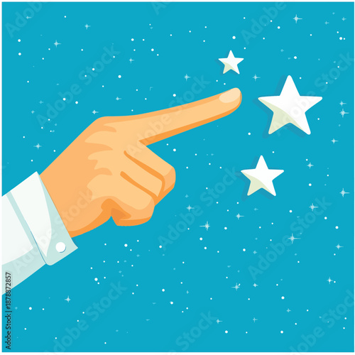 Hand pointing at 5 star satisfaction quality performance , vector style simple color