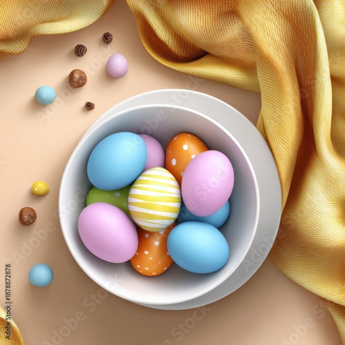 Colorful easter eggs in bowl with yellow fabric surrounding assortment of candy and nuts