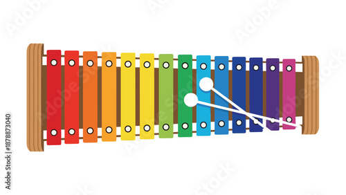 A colorful wooden xylophone with rainbow-colored bars and two mallets, presented against a white background, symbolizing music and education.