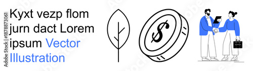 Business partnerships, financial transactions, ecology, teamwork, monetary systems, growth strategies. Leaf icon, dollar coin professionals shaking hands. Business partnerships and financial