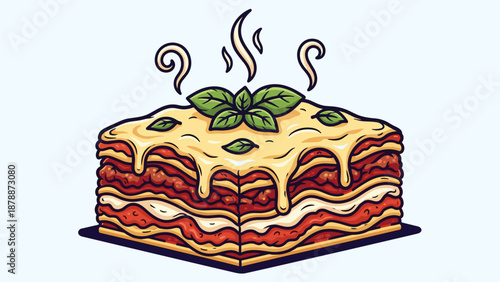 A delicious-looking illustration of a square slice of lasagna, layered with pasta, meat sauce, and cheese, garnished with basil leaves.