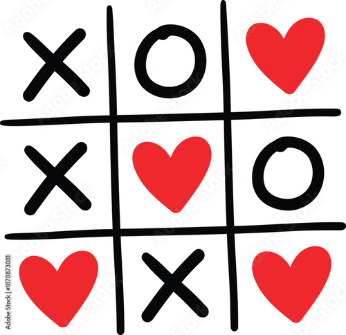 Hand Drawn Tic-Tac-Toe Game with Red Hearts and Black Crosses for Valentine's Day Graphic Design