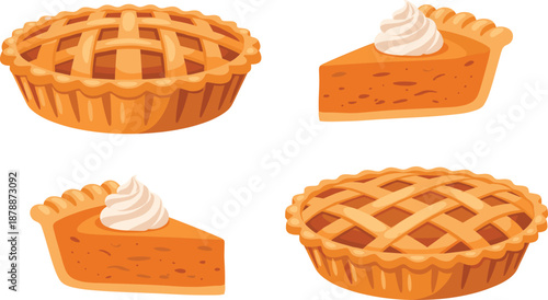 Professional vector illustration set of traditional lattice crust apple pies and pumpkin pie slices topped with whipped cream on white background.