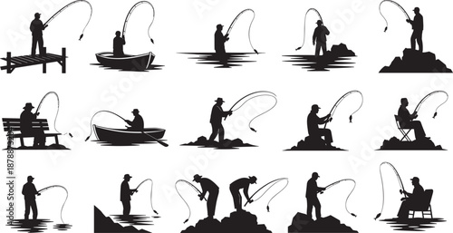Black silhouettes of fishermen catching fish in boats on piers and standing in water isolated on white background for outdoor recreation and sporting designs