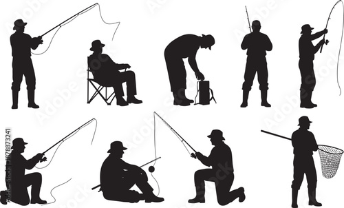 Black silhouettes of fishermen in various poses including casting lines sitting in boats and using nets isolated on white background for outdoor angling hobby designs