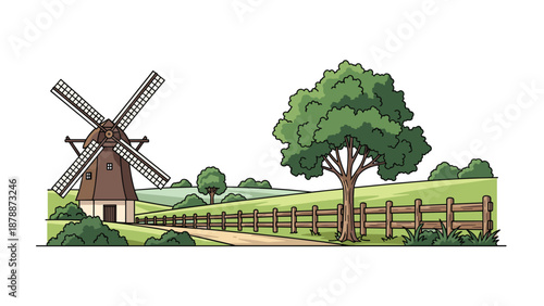 A picturesque landscape illustration featuring a windmill, a wooden fence, rolling hills, a tree, and a path, set against a sky with clouds.