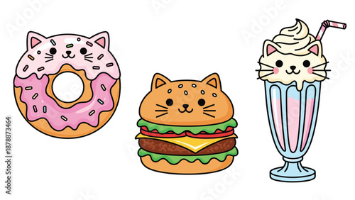 Three adorable cat-themed food illustrations: a pink donut, a hamburger, and a strawberry milkshake, with cute facial features.