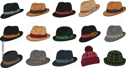 Various colored hats with ribbons and bows on white background fedora bowler beanie