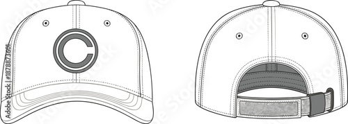 White baseball cap with gray letter C on front and adjustable velcro strap back white hat