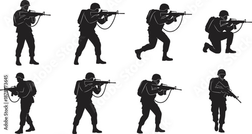 Black silhouettes of soldiers in tactical gear holding assault rifles in various combat poses isolated on white background for military army and security concepts
